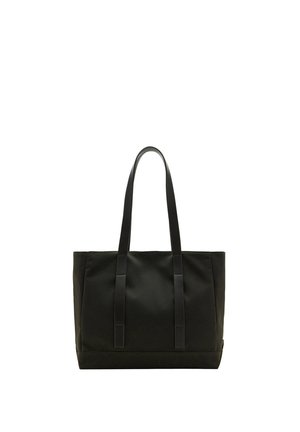 Bolsa tote negra con dos asas largas y una base reforzada, mostrada sobre un fondo blanco.