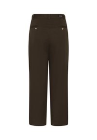 Pantalon droit marron foncé vu de dos avec deux poches boutonnées et des passants de ceinture à la taille.