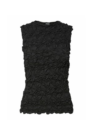 Svart ärmlös topp med ett texturerat, samlat tygmönster, med rund halsringning och en figurnära silhuett. Mjuk, lätt material.