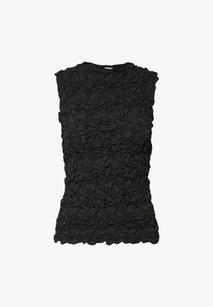 Musta ilmanhiha toppi, jossa on teksturoitu, kokoontuva kangasmalli, pyöreä pääntie ja istuva siluetti. Pehmeä, kevyt materiaali.