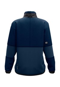 Fleecejacke mit hohem Kragen, marineblauer Farbe, strukturiertem Rückenteil und Kontraststoffen an Ärmeln und Saum. Mit Logo am Ärmel.
