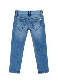 Jeans in denim blu con vestibilità slim, caratterizzati da cuciture a contrasto, due tasche posteriori e una vita a mezza altezza. Texture liscia e lavaggio uniforme.
