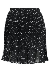 Jupe plissée noire avec des pois blancs irréguliers et une taille élastique.