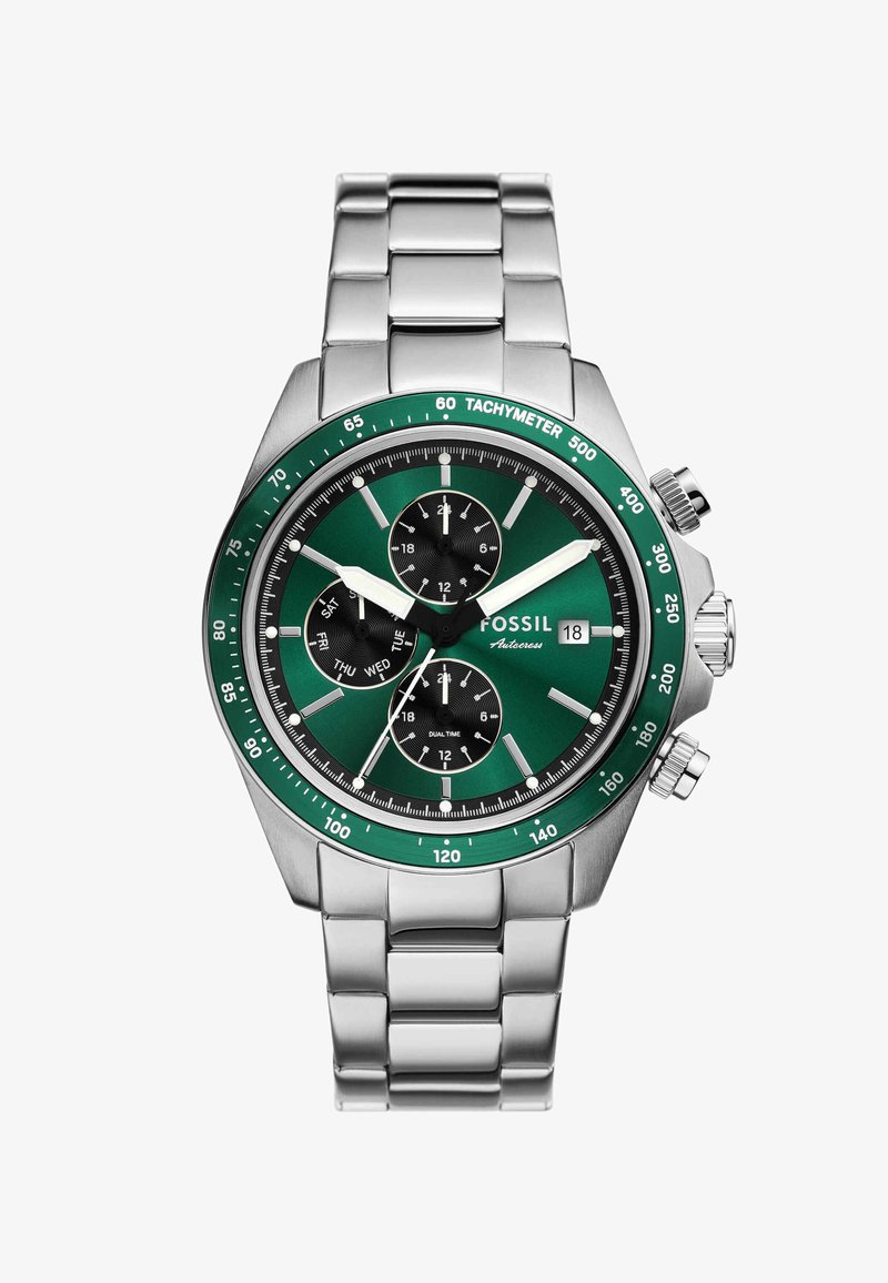 Montre chronographe en acier inoxydable argenté avec un cadran vert, des sous-cadrans noirs, des aiguilles blanches et une lunette tachymétrique. Présente également un affichage de la date.