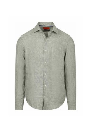 Hellgraues langärmliges Leinenhemd mit Knopfleiste vorne und klassischem Kragen, auf weißem Hintergrund dargestellt.