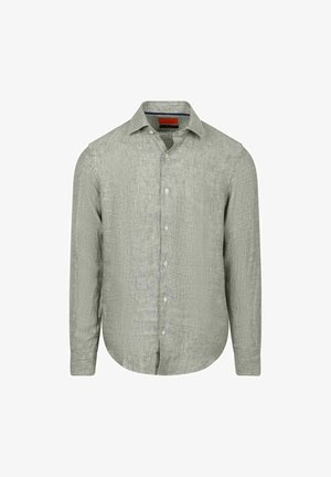 Hellgraues langärmliges Leinenhemd mit Knopfleiste vorne und klassischem Kragen, auf weißem Hintergrund dargestellt.