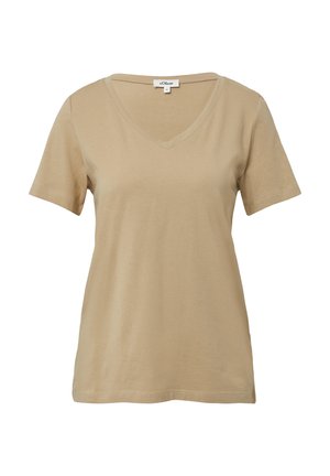 Beige V-neck t-shirt, short sleeves, made of soft cotton fabric, featuring a tailored fit and clean stitching along the neckline and sleeves.