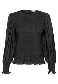 Black blouse with a textured smocked body, long puff sleeves, and ruffled cuffs. Smooth fabric with a slightly shiny finish.