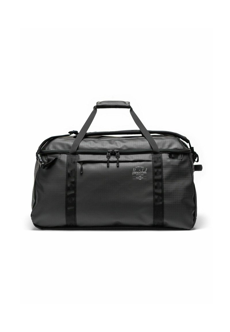 Sac de sport noir en nylon durable, doté de double fermeture éclair, d'une poignée supérieure et d'une bandoulière réglable. Marque minimaliste à l'avant.