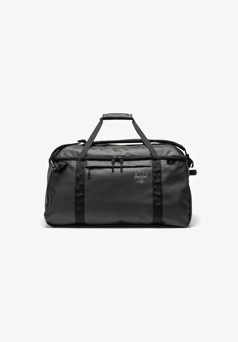 Sac de sport noir en nylon durable, doté de double fermeture éclair, d'une poignée supérieure et d'une bandoulière réglable. Marque minimaliste à l'avant.