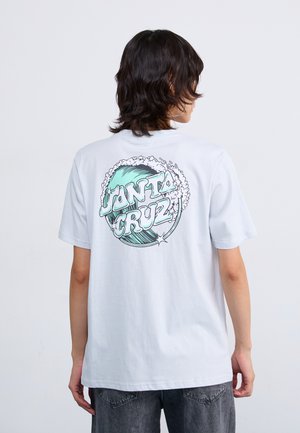 White cotton t-shirt featuring a large graphic on the back with "Santa Cruz" in teal and black, surrounded by wave and cloud designs.