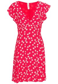 Red short dress with a V-neck and flutter sleeves, featuring a white daisy pattern on a polka dot background. Flared skirt design.
