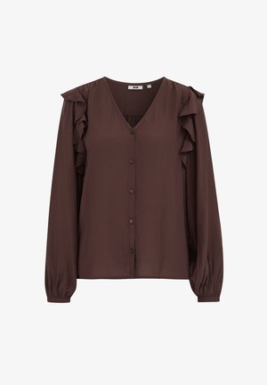 Blusa marrone a maniche lunghe con scollo a V, bottoni frontali e dettagli arricciati sulle spalle. Tessuto liscio e leggero con una vestibilità comoda.