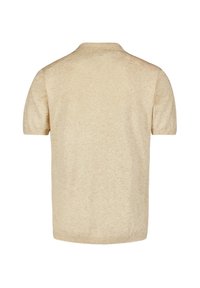 Beige shirt met korte mouwen van een textuurgebreide stof, ronde kraag en een losse pasvorm. Eenvoudig ontwerp zonder zichtbare logo's of versieringen.