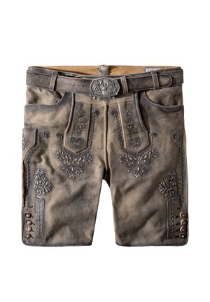 Lederhosen mit filigraner silberner Stickerei auf den Vordertaschen, graue Farbe und dekorativen Knöpfen am Saum. Enthält einen passenden Gürtel.