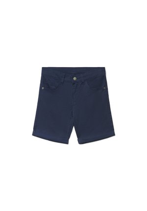 Pantaloncini di cotone blu navy con bottone frontale, passanti per cintura e design a cinque tasche, posati su uno sfondo bianco.