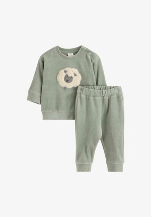 Green, soft velour two-piece set featuring a long-sleeve top with a sheep applique and matching elastic-waist pants.
