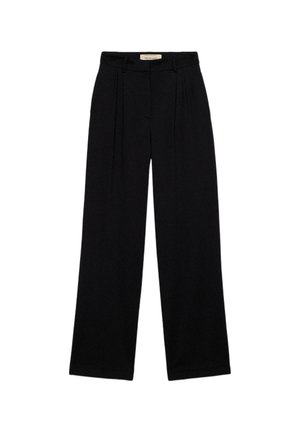 Pantalones negros de pierna ancha con cintura alta y pliegues. Hechos de tela suave, con cremallera y diseño clásico.