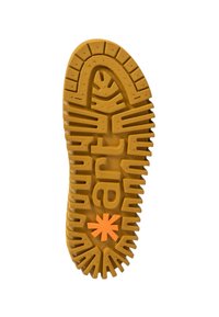Rubber shoe sole in yellow with deep treads and an embossed logo. Features an orange accent star at the center for added detail.