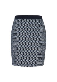 Jupe à motifs marine et crème avec un design en diamant, coupe droite et taille en tissu uni. Fabriquée à partir d'un tissu texturé.