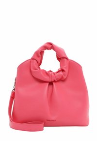 Borsa sintetica rosa con manico superiore annodato, texture liscia, tracolla staccabile e logo impresso sul lato.