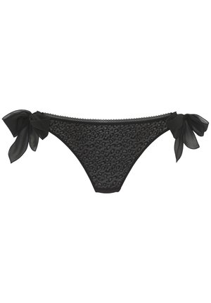 Bikini bottom in pizzo nero con motivo leopardato, caratterizzato da un tessuto semitrasparente e dettagli a fiocco sui lati; delicata bordatura scallopata in vita.