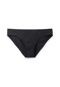 Schwarze Bikinihose aus glattem, dehnbarem Stoff. Verfügt über ein niedrig geschnittenes Design mit einfacher Naht und moderater Abdeckung hinten.