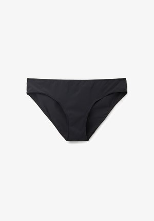 Black bikini bottom made of smooth, stretchy fabric. Features a low-rise design with simple stitching and moderate coverage at the back.