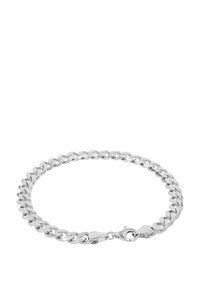 Bracciale in argento con anelli intrecciati, finitura lucida e chiusura a moschettone. Texture liscia e design uniforme in tutto il bracciale.