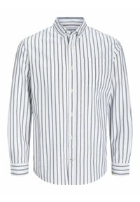 Chemise blanche à manches longues avec des rayures grises verticales, devant boutonnée, col boutonné, poche poitrine et poignets rayés.