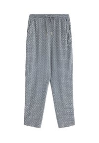 Modré kalhoty s vzorem a elastickým pasem, stahovací šňůrkou, geometrickým designem, měkkou tkaninou a zúženými nohavicemi.