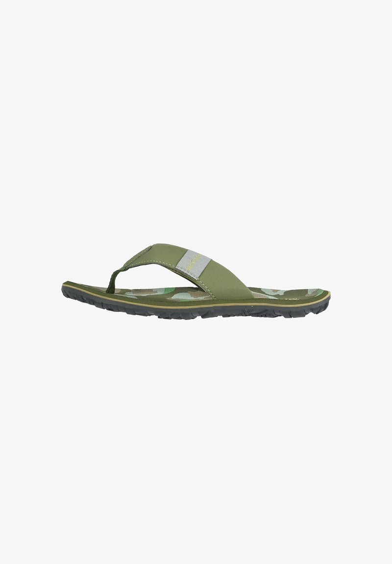 Green flip-flop with a textured sole, camo-print footbed, and a thin strap featuring a silver accent. Lightweight and minimalist design.