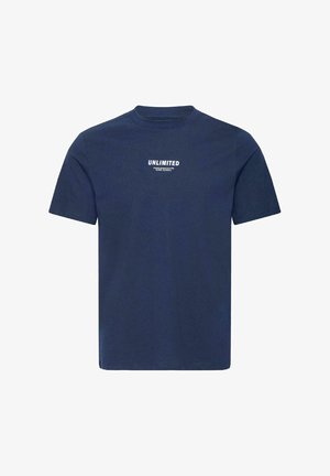 Tmavomodré bavlnené tričko s krátkymi rukávmi, okrúhlym výstrihom a prednou potlačou s nápisom "UNLIMITED" v bielej farbe. Klasický neformálny dizajn.