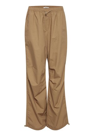 Pantalones de pierna ancha color marrón claro, con una cinturilla elástica, cierre de cordón y una tela texturizada, que presentan un ajuste relajado y puños.