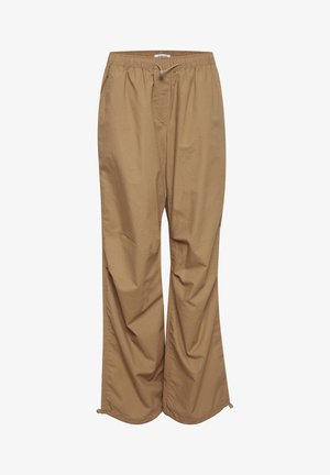 Pantalones de pierna ancha color marrón claro, con una cinturilla elástica, cierre de cordón y una tela texturizada, que presentan un ajuste relajado y puños.