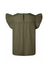 Blouse femme vert olive avec manches volantées, empiècement dos froncé et petite fermeture bouton goutte d'eau au niveau de l'encolure dos haute.