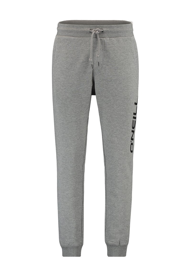 Pantaloni grigi in felpa realizzati in morbido cotone, con vita regolabile tramite cordino, gambe affusolate e logo nero sul lato sinistro.