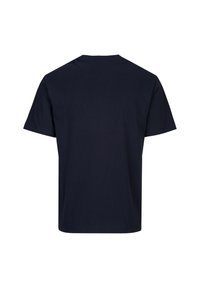 Navyblauwe katoenen t-shirt met een ronde hals en korte mouwen. Heeft een effen ontwerp zonder zichtbare patronen of accenten.