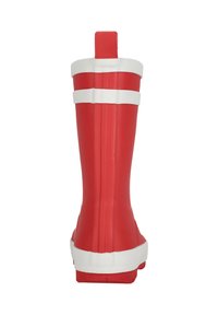 Botte de pluie en caoutchouc rouge avec des rayures horizontales blanches près du haut. Le design présente une texture lisse et une languette à l'arrière pour un enfilage facile.