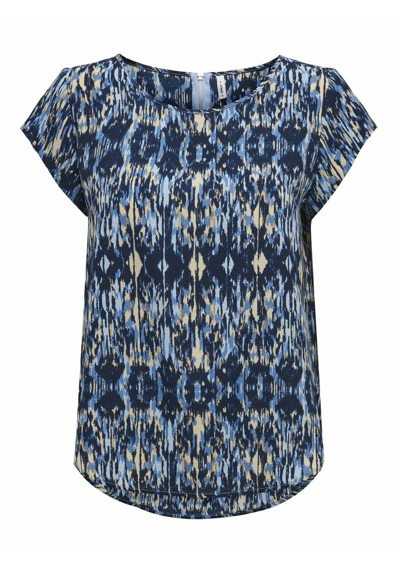 Top blu navy con maniche corte a cappuccio, caratterizzato da un motivo astratto blu, oro e crema. Collo rotondo e design dell'orlo curvo.