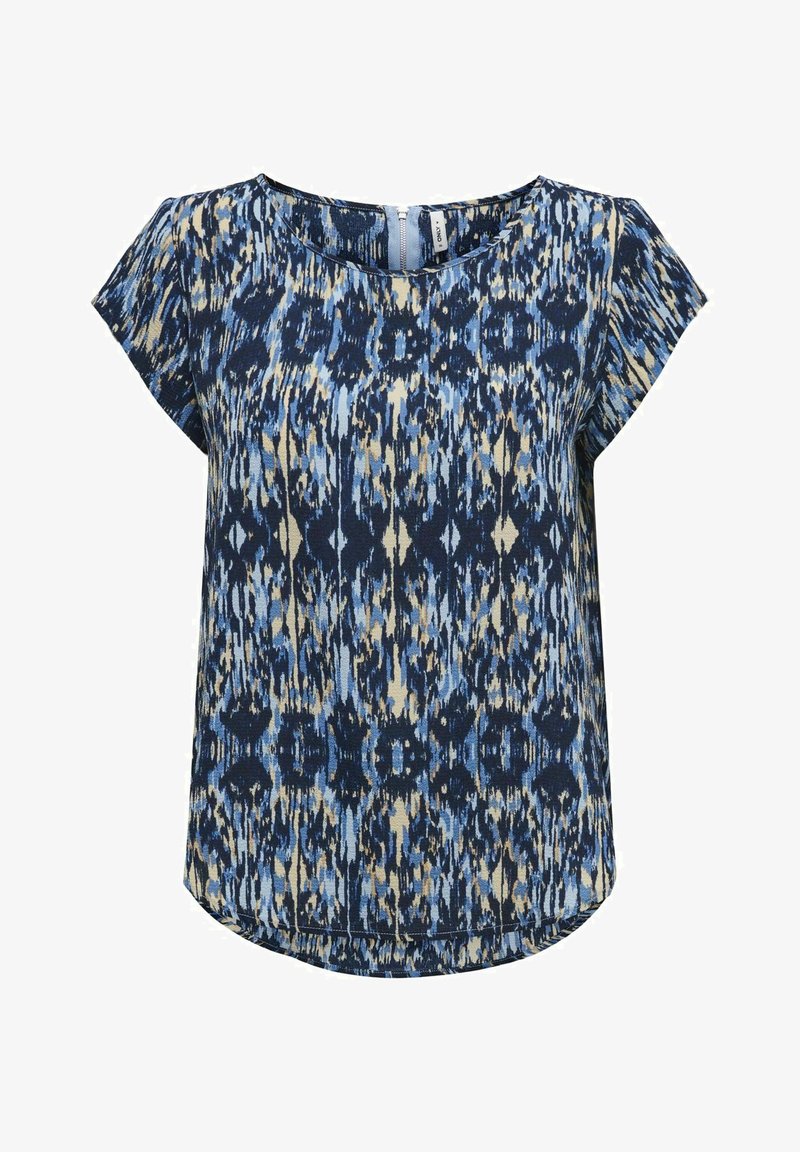 Top blu navy con maniche corte a cappuccio, caratterizzato da un motivo astratto blu, oro e crema. Collo rotondo e design dell'orlo curvo.