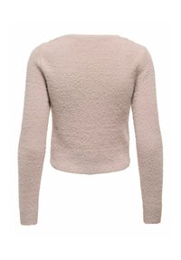 Light pink fuzzy sweater with a round neckline, long sleeves, and a cropped design. Fabric appears soft and textured with a subtle pattern.