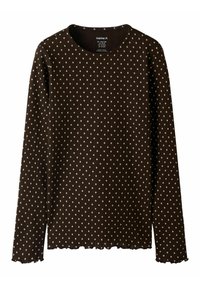 Brązowa bluzka z długim rękawem w kremowe grochy, o prążkowanej fakturze, z okrągłym dekoltem i falowanym obszyciem. Metka wewnątrz szyi wskazuje markę.