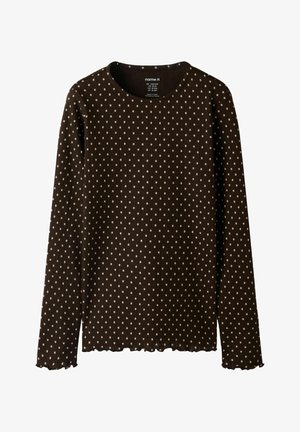Brown long-sleeve top with cream polka dots, ribbed texture, round neckline, and scalloped hem. Label inside neck indicates brand.