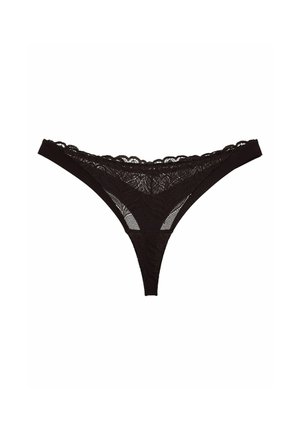 Black lace thong with a floral pattern, featuring a scalloped waistband and sheer fabric. Smooth back ensures minimal visibility.
