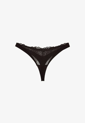 Black lace thong with a floral pattern, featuring a scalloped waistband and sheer fabric. Smooth back ensures minimal visibility.