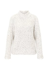 White, textured knit turtleneck sweater with a loose fit, featuring ribbed cuffs and hem, and subtle speckled pattern throughout.