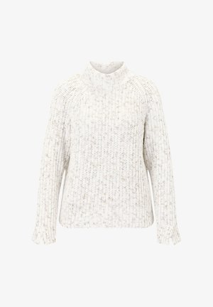 Hvid, tekstureret strikket turtleneck sweater med en løs pasform, der har ribbede manchetter og kant, samt et subtilt spredt mønster over det hele.