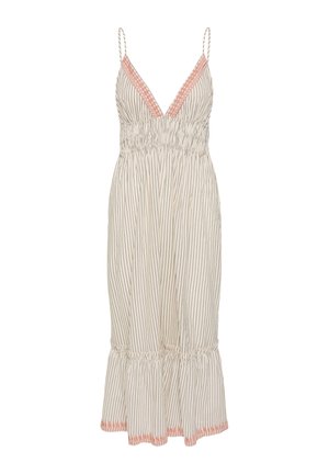 Sleeveless midi dress with thin straps, vertical black stripes on white fabric, pink lace trim on V-neck and hem, gathered waist and hem ruffle.