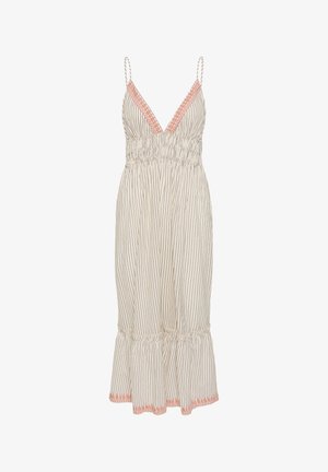 Sleeveless midi dress with thin straps, vertical black stripes on white fabric, pink lace trim on V-neck and hem, gathered waist and hem ruffle.